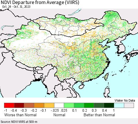 China, Mongolia and Taiwan NDVI Departure from Average (VIIRS) Thematic Map For 10/24/2023 - 10/31/2023