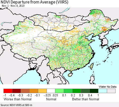 China, Mongolia and Taiwan NDVI Departure from Average (VIIRS) Thematic Map For 11/1/2023 - 11/8/2023