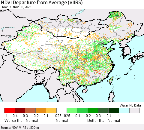 China, Mongolia and Taiwan NDVI Departure from Average (VIIRS) Thematic Map For 11/9/2023 - 11/16/2023
