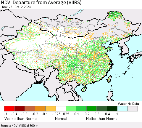 China, Mongolia and Taiwan NDVI Departure from Average (VIIRS) Thematic Map For 11/25/2023 - 12/2/2023