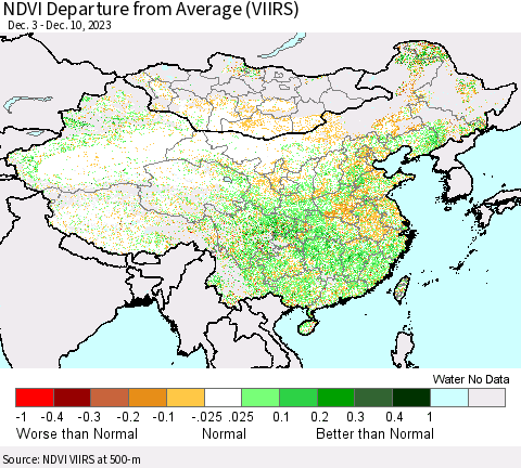 China, Mongolia and Taiwan NDVI Departure from Average (VIIRS) Thematic Map For 12/3/2023 - 12/10/2023