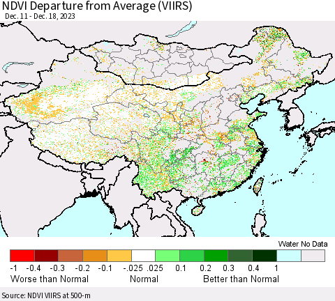 China, Mongolia and Taiwan NDVI Departure from Average (VIIRS) Thematic Map For 12/11/2023 - 12/18/2023