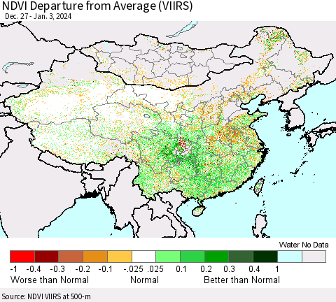 China, Mongolia and Taiwan NDVI Departure from Average (VIIRS) Thematic Map For 12/27/2023 - 1/3/2024