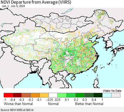 China, Mongolia and Taiwan NDVI Departure from Average (VIIRS) Thematic Map For 1/1/2024 - 1/8/2024