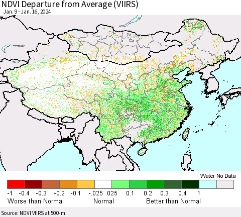 China, Mongolia and Taiwan NDVI Departure from Average (VIIRS) Thematic Map For 1/9/2024 - 1/16/2024