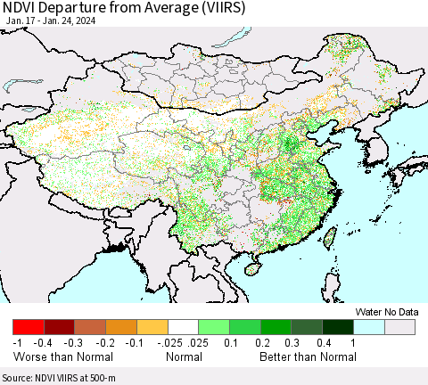 China, Mongolia and Taiwan NDVI Departure from Average (VIIRS) Thematic Map For 1/17/2024 - 1/24/2024
