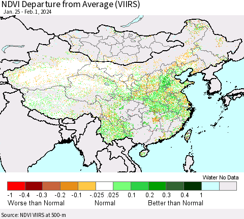 China, Mongolia and Taiwan NDVI Departure from Average (VIIRS) Thematic Map For 1/25/2024 - 2/1/2024