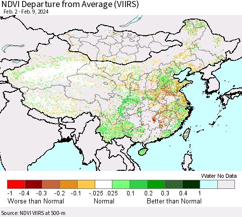 China, Mongolia and Taiwan NDVI Departure from Average (VIIRS) Thematic Map For 2/2/2024 - 2/9/2024