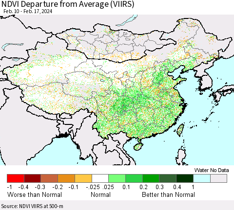 China, Mongolia and Taiwan NDVI Departure from Average (VIIRS) Thematic Map For 2/10/2024 - 2/17/2024