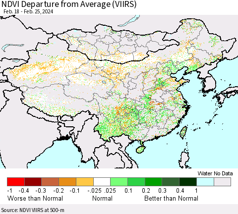 China, Mongolia and Taiwan NDVI Departure from Average (VIIRS) Thematic Map For 2/18/2024 - 2/25/2024