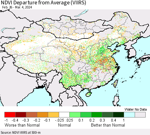 China, Mongolia and Taiwan NDVI Departure from Average (VIIRS) Thematic Map For 2/26/2024 - 3/4/2024