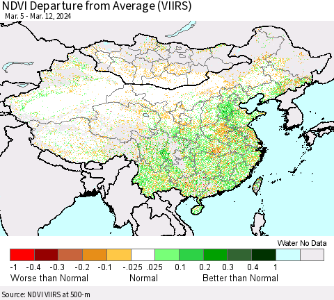 China, Mongolia and Taiwan NDVI Departure from Average (VIIRS) Thematic Map For 3/5/2024 - 3/12/2024