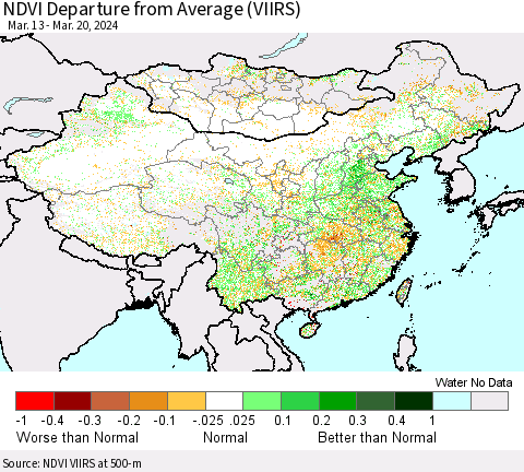China, Mongolia and Taiwan NDVI Departure from Average (VIIRS) Thematic Map For 3/13/2024 - 3/20/2024