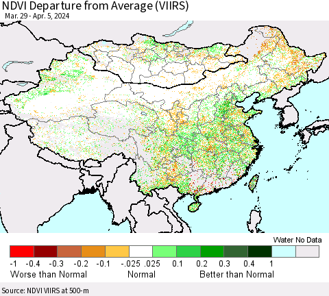 China, Mongolia and Taiwan NDVI Departure from Average (VIIRS) Thematic Map For 3/29/2024 - 4/5/2024