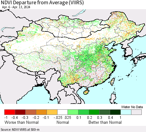 China, Mongolia and Taiwan NDVI Departure from Average (VIIRS) Thematic Map For 4/6/2024 - 4/13/2024