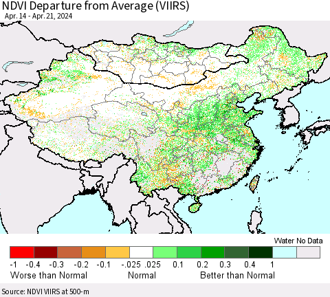 China, Mongolia and Taiwan NDVI Departure from Average (VIIRS) Thematic Map For 4/14/2024 - 4/21/2024