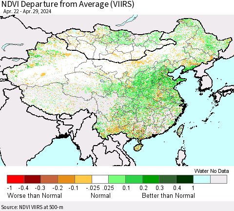 China, Mongolia and Taiwan NDVI Departure from Average (VIIRS) Thematic Map For 4/22/2024 - 4/29/2024