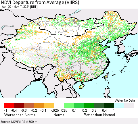 China, Mongolia and Taiwan NDVI Departure from Average (VIIRS) Thematic Map For 4/30/2024 - 5/7/2024