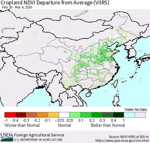 China and Taiwan Cropland NDVI Departure from Average (VIIRS) Thematic Map For 3/1/2020 - 3/10/2020