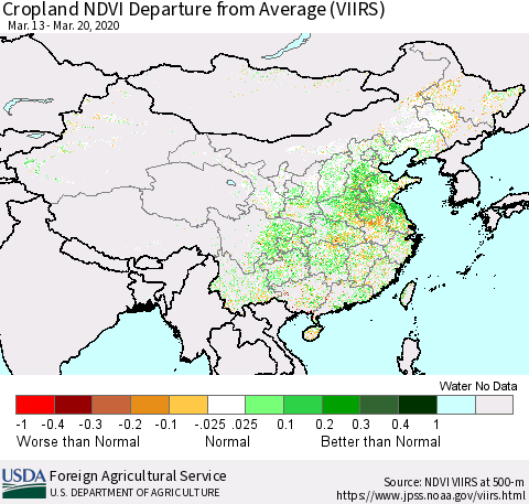 China and Taiwan Cropland NDVI Departure from Average (VIIRS) Thematic Map For 3/11/2020 - 3/20/2020