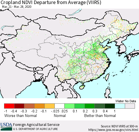 China and Taiwan Cropland NDVI Departure from Average (VIIRS) Thematic Map For 3/21/2020 - 3/31/2020