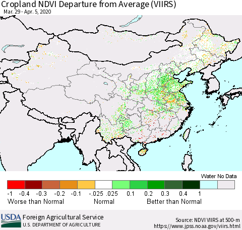 China, Mongolia and Taiwan Cropland NDVI Departure from Average (VIIRS) Thematic Map For 4/1/2020 - 4/10/2020