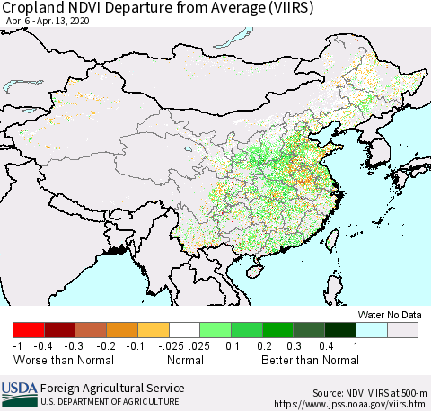 China and Taiwan Cropland NDVI Departure from Average (VIIRS) Thematic Map For 4/11/2020 - 4/20/2020