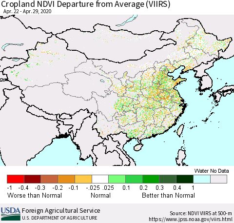 China, Mongolia and Taiwan Cropland NDVI Departure from Average (VIIRS) Thematic Map For 4/21/2020 - 4/30/2020