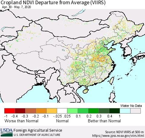 China and Taiwan Cropland NDVI Departure from Average (VIIRS) Thematic Map For 5/1/2020 - 5/10/2020