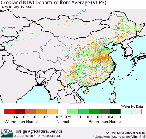 China and Taiwan Cropland NDVI Departure from Average (VIIRS) Thematic Map For 5/11/2020 - 5/20/2020