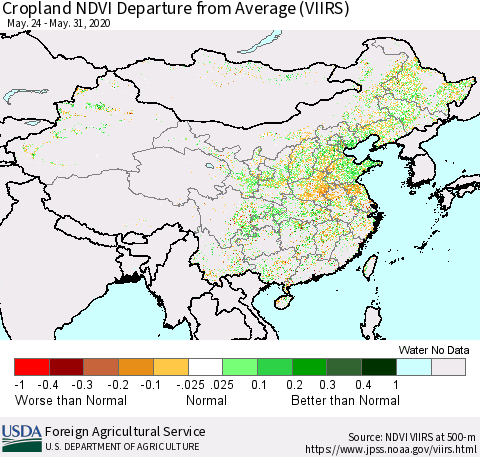 China and Taiwan Cropland NDVI Departure from Average (VIIRS) Thematic Map For 5/21/2020 - 5/31/2020