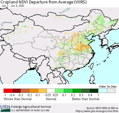 China and Taiwan Cropland NDVI Departure from Average (VIIRS) Thematic Map For 6/1/2020 - 6/10/2020