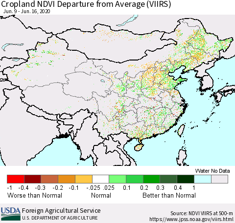 China and Taiwan Cropland NDVI Departure from Average (VIIRS) Thematic Map For 6/11/2020 - 6/20/2020