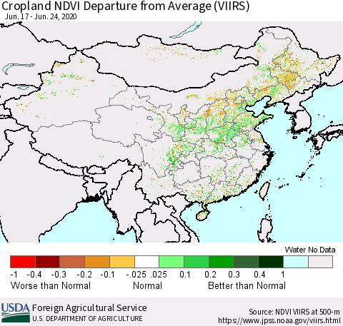 China and Taiwan Cropland NDVI Departure from Average (VIIRS) Thematic Map For 6/21/2020 - 6/30/2020