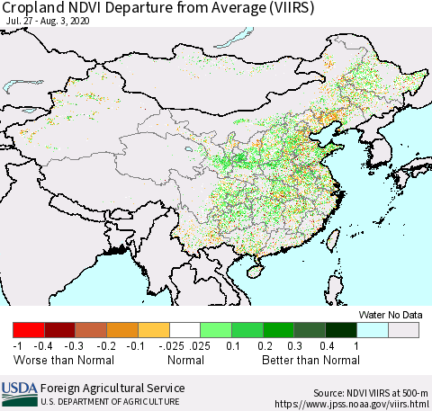 China and Taiwan Cropland NDVI Departure from Average (VIIRS) Thematic Map For 8/1/2020 - 8/10/2020