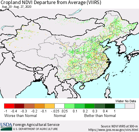 China and Taiwan Cropland NDVI Departure from Average (VIIRS) Thematic Map For 8/21/2020 - 8/31/2020