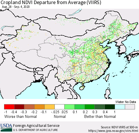 China and Taiwan Cropland NDVI Departure from Average (VIIRS) Thematic Map For 9/1/2020 - 9/10/2020