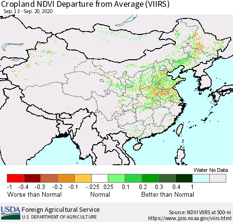 China and Taiwan Cropland NDVI Departure from Average (VIIRS) Thematic Map For 9/11/2020 - 9/20/2020