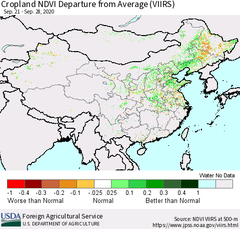 China and Taiwan Cropland NDVI Departure from Average (VIIRS) Thematic Map For 9/21/2020 - 9/30/2020