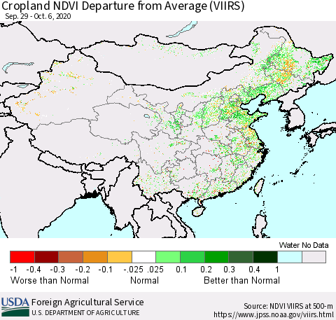 China and Taiwan Cropland NDVI Departure from Average (VIIRS) Thematic Map For 10/1/2020 - 10/10/2020