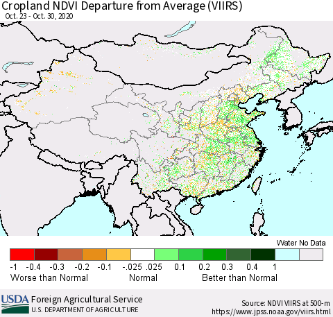 China and Taiwan Cropland NDVI Departure from Average (VIIRS) Thematic Map For 10/21/2020 - 10/31/2020