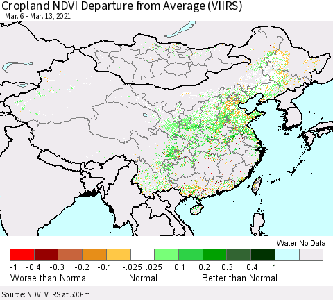 China, Mongolia and Taiwan Cropland NDVI Departure from Average (VIIRS) Thematic Map For 3/6/2021 - 3/13/2021