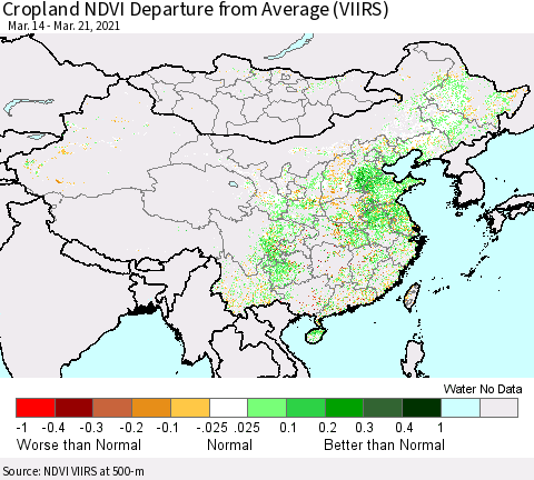 China, Mongolia and Taiwan Cropland NDVI Departure from Average (VIIRS) Thematic Map For 3/14/2021 - 3/21/2021