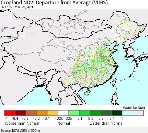 China, Mongolia and Taiwan Cropland NDVI Departure from Average (VIIRS) Thematic Map For 3/22/2021 - 3/29/2021