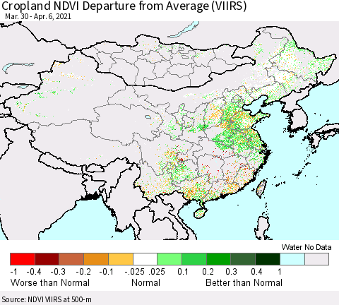 China, Mongolia and Taiwan Cropland NDVI Departure from Average (VIIRS) Thematic Map For 3/30/2021 - 4/6/2021