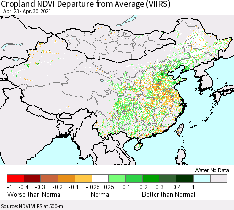 China, Mongolia and Taiwan Cropland NDVI Departure from Average (VIIRS) Thematic Map For 4/23/2021 - 4/30/2021