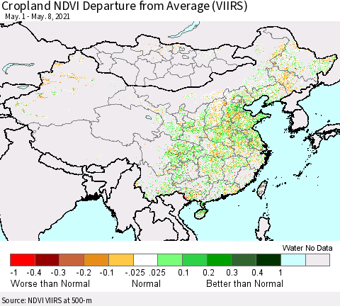 China, Mongolia and Taiwan Cropland NDVI Departure from Average (VIIRS) Thematic Map For 5/1/2021 - 5/8/2021