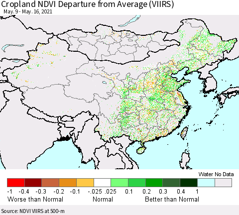 China, Mongolia and Taiwan Cropland NDVI Departure from Average (VIIRS) Thematic Map For 5/9/2021 - 5/16/2021