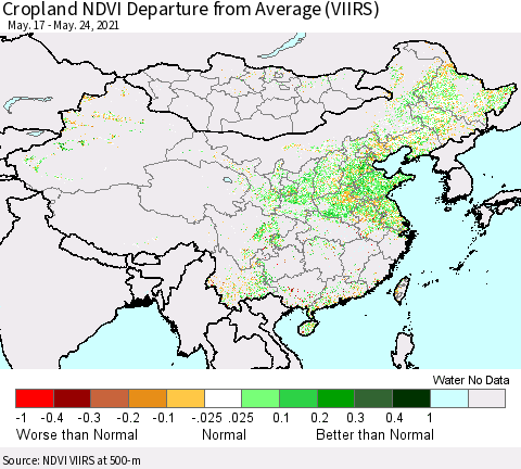 China, Mongolia and Taiwan Cropland NDVI Departure from Average (VIIRS) Thematic Map For 5/17/2021 - 5/24/2021