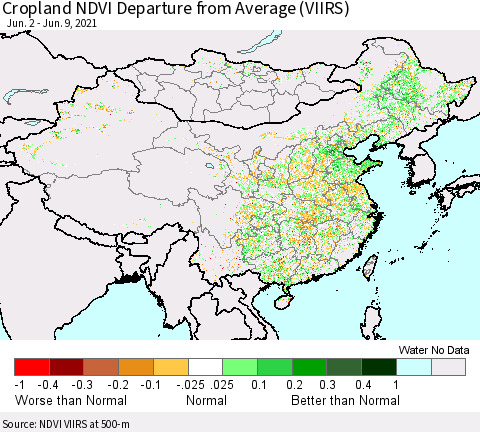 China, Mongolia and Taiwan Cropland NDVI Departure from Average (VIIRS) Thematic Map For 6/2/2021 - 6/9/2021